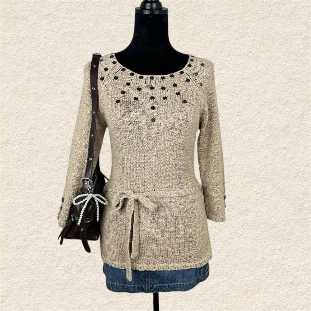 la boutique brown tan tunic ling sleeve top with waist tie